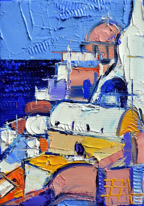 ABSTRACT OIA VILLAGE VIEW - Miniature Cityscape 05 Impasto Palette Knife Oil Painting