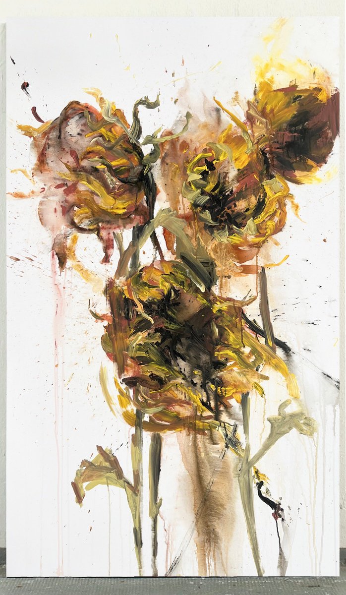 Impressionistic Botanical Acrylic Painting By Rosi Roys, 39 X 67", Sunflower 8, Original Artwork