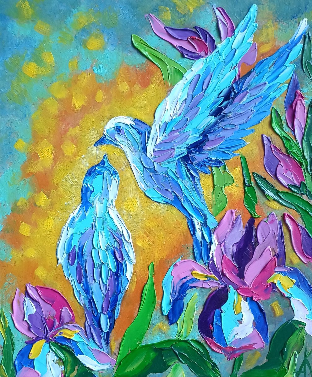 Dance and love - love, birds, bird, love, irises, flowers, oil painting, irises flowers, g... by Anastasia Kozorez