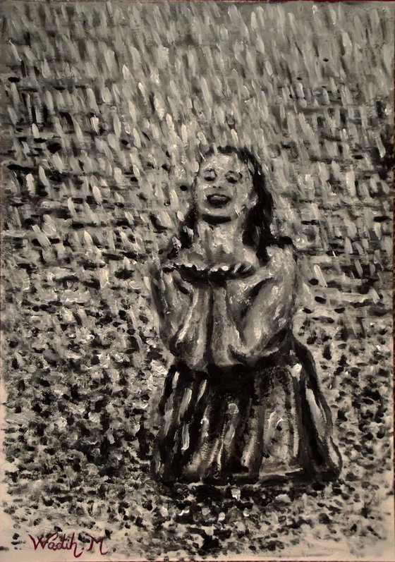 RAINY LAKE GIRL - Moment of Happiness - Thick oil Black and White painting - 29.5x42 cm
