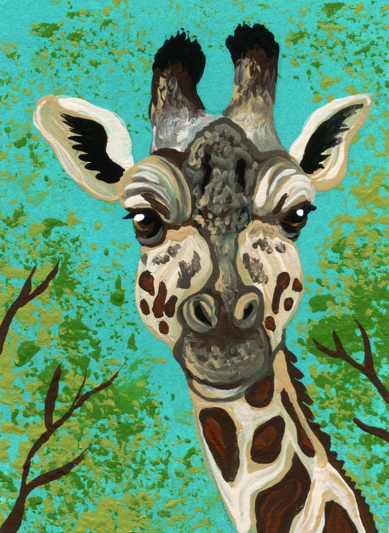 ACEO ATC Original Painting Giraffe Wildlife Art-Carla Smale