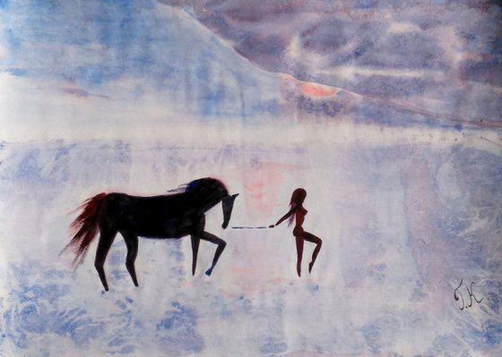 Woman Painting Horse Original Art Shore Watercolor Walk Artwork Beach Stroll 24 by 17" by Halyna Kirichenko
