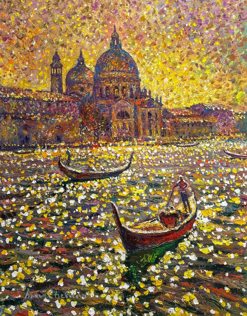 Impressionistic Landscape Oil Painting By Andrii Chebotaru, 39 X 51, The Gold Of Venice, Original Artwork