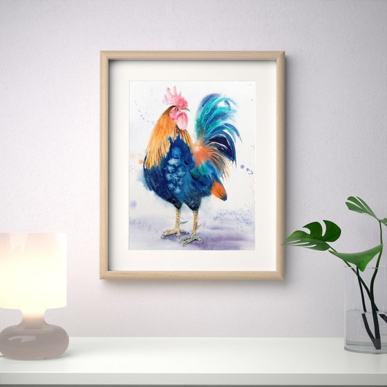 «The Boss» - rooster - country decor - farm art - bird art - rooster painting - farm decor - rooster watercolour - chicken watercolour