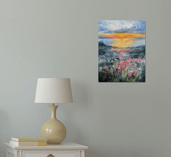 Flowers and sea at sunset