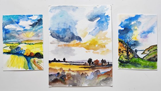Three landscape watercolour paintings