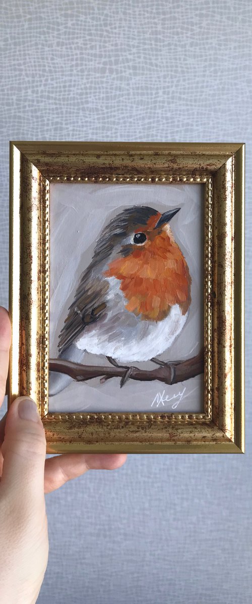 Bird Robin painting mini art framed by Leysan Khasanova