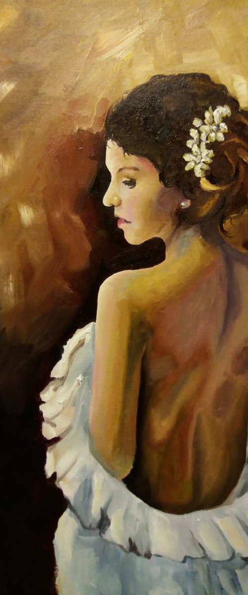 Light up my life- A figurative painting of a woman by Marjory Sime by Marjory Sime