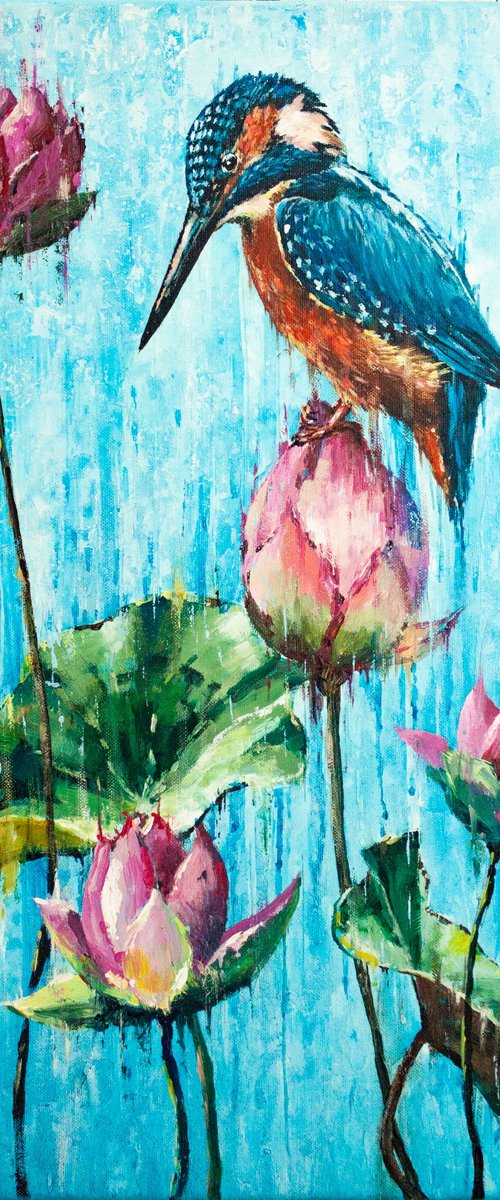 Kingfisher with water lilies by Aleksandr Neliubin