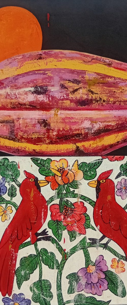 Cacao fruit on a yucatecan tablecloth by Tanita Veranes