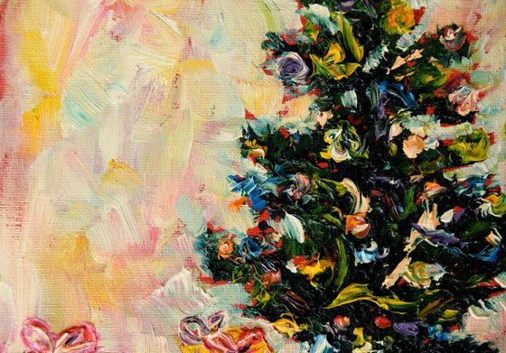 Christmas tree original oil painting on canvas, holiday decor, housewarming gift