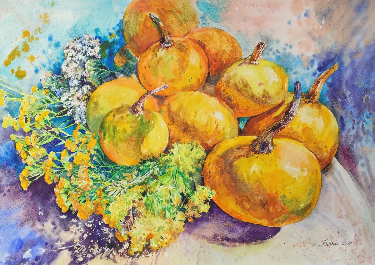 Pumpkins - bright sunny still life - original watercolor painting by Tetiana Borys