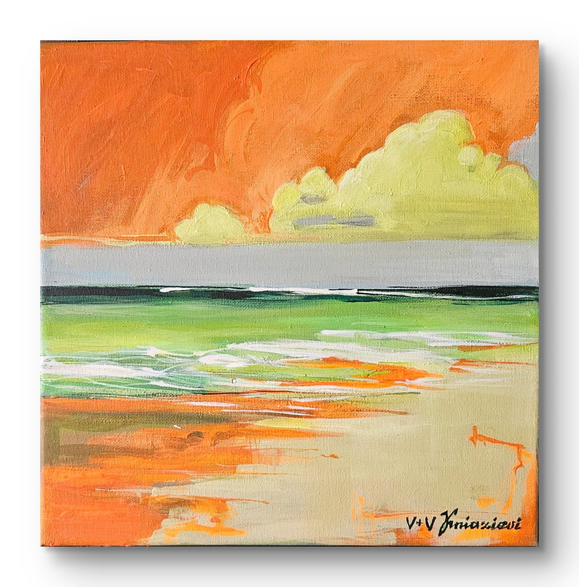 Abstract Landscape Acrylic Painting By V+V Kniazievi, 11 X 11", Warm Seascape #2, Original Artwork