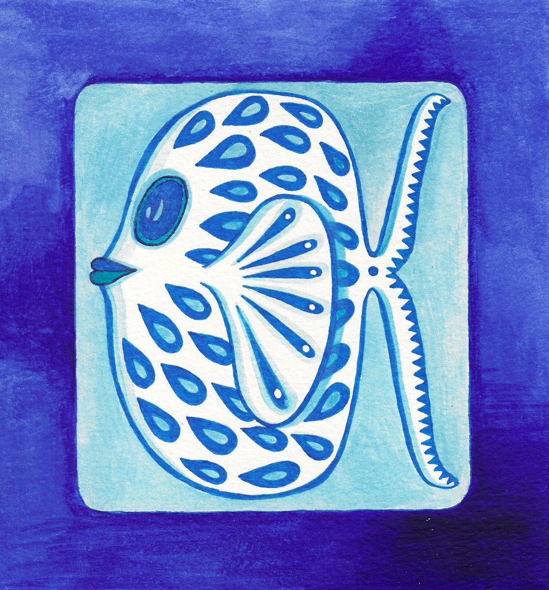 Illustrative Animal Watercolour By Andromachi Giannopoulou, 7 X 7, Blue Fish, Original Artwork