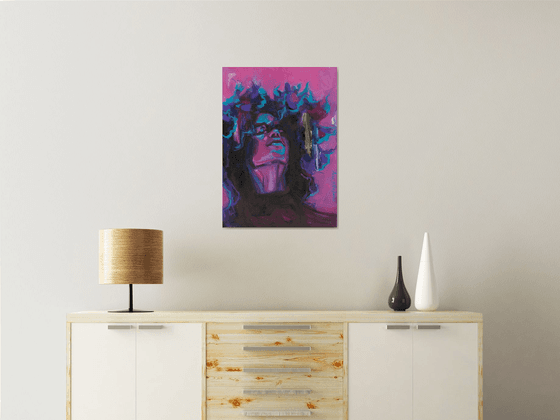 YOU ARE BLOOMING - African American wall art, black woman portrait, colorful contemporary original oil painting, purple pink canvas