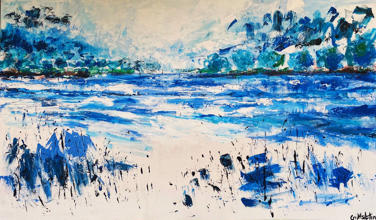 A large original abstract beautiful mixed media painting of a seascape Blue by Gila Slotin