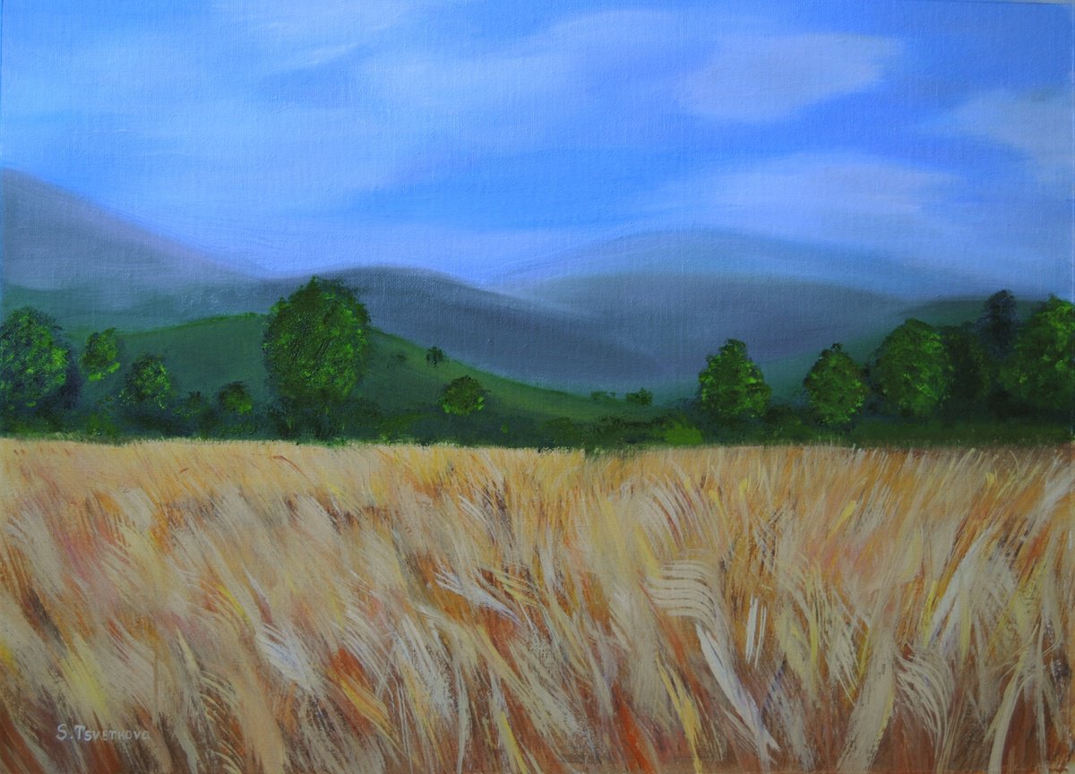 Impressionistic Landscape Oil Painting By Simona Tsvetkova, 22 X 16", Wheat Field, Original Artwork