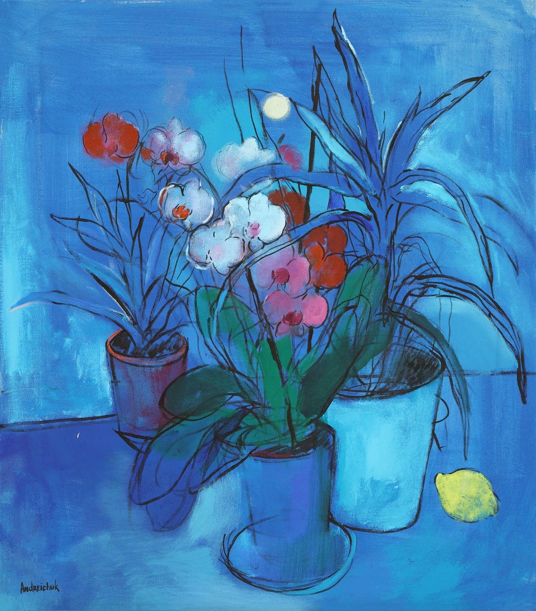  Blue Still Life And Moon By Artem Andreichuk, 28 X 31, Artwork For Sale On Artfinder