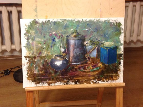 Blue Jar and Silver Service