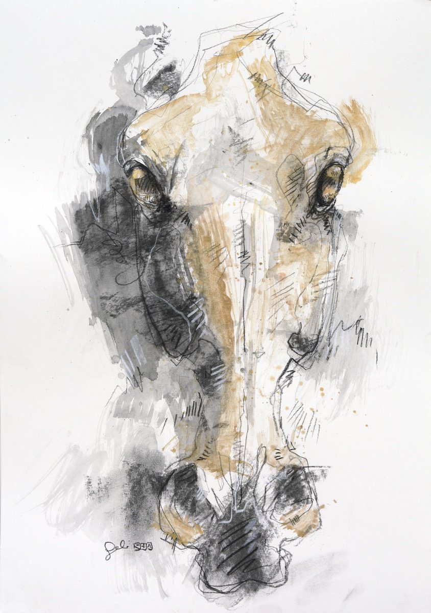 Expressive Animal Charcoal Drawing By Benedicte Gele, 12 X 17, Face To Face 67T, Original Artwork