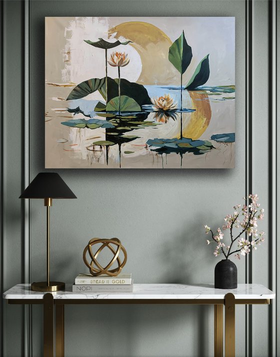 Golden Pond. Semi Abstract Water Lilies.