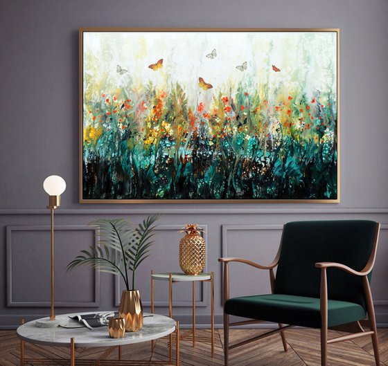 Garden extra large modern painting with flowers and butterflies