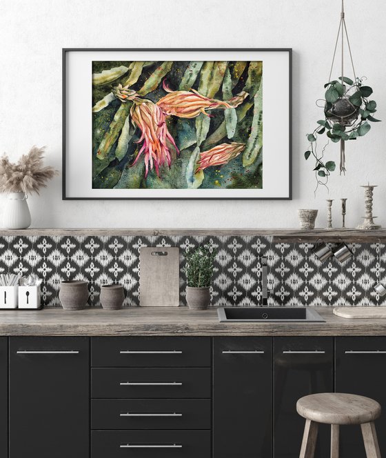 Dragonfruit flowers - original tropical watercolor