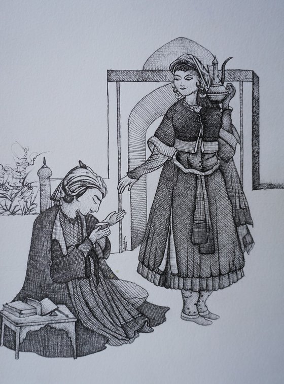 Pen and ink drawing of chughtai art