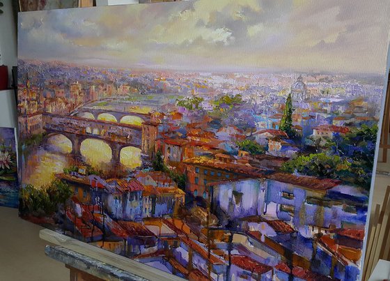 Evening in Florence, italian landscape, city scape Italy, oil painting