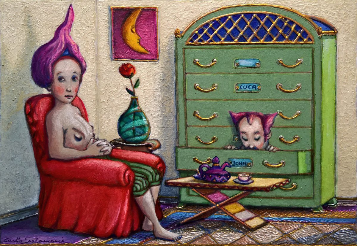 Surrealistic Portrait Painting By Carlo Salomoni, 14 X 10, The Guest, Original Artwork