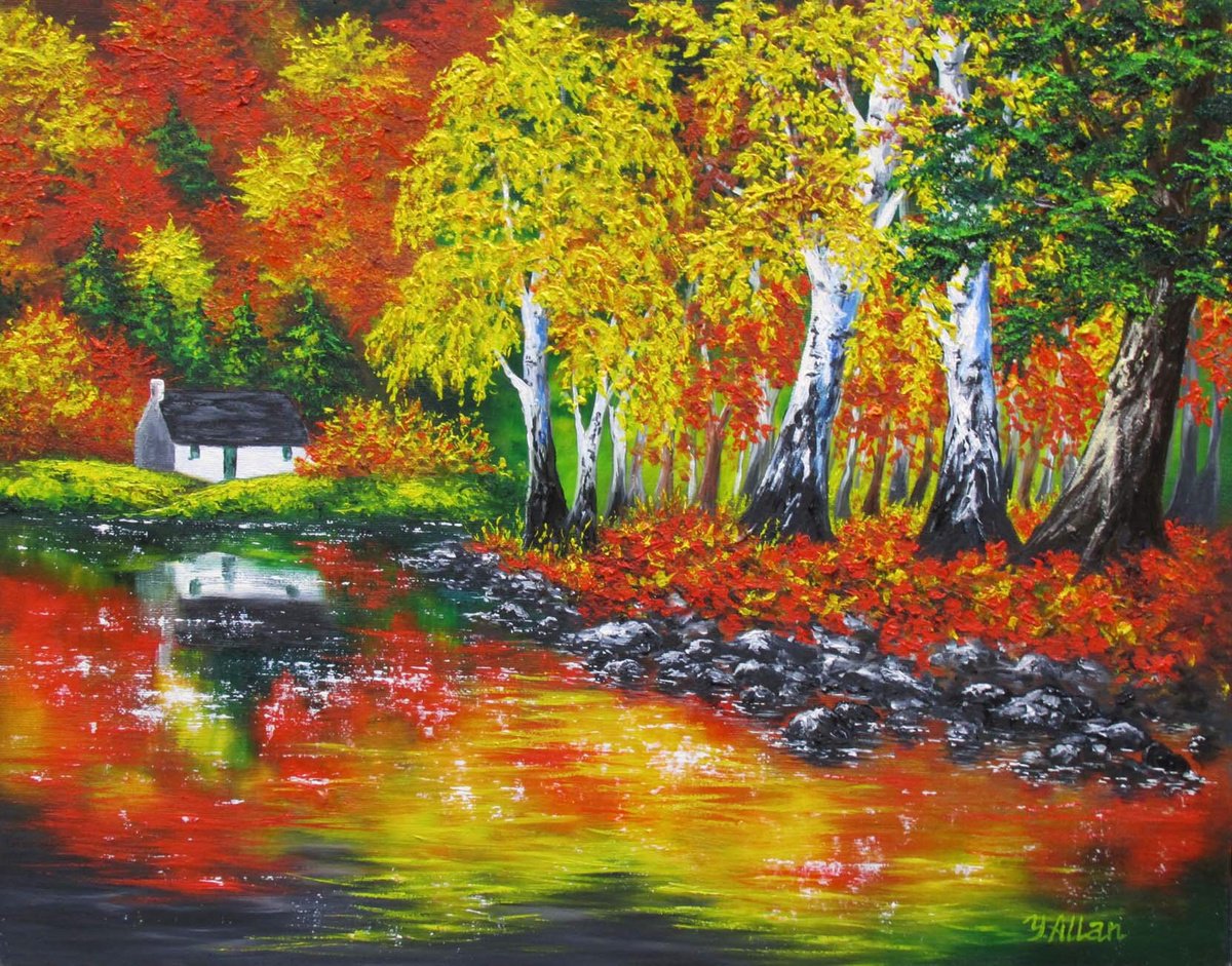 Impressionistic Landscape Oil Painting By Yulia Allan, 22 X 18", Autumn In Aviemore, Original Artwork