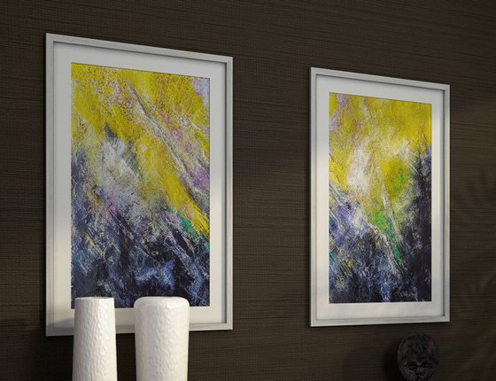 - Yellow Black 22 - TEXTURED Abstract Diptych On Unframed A3 Papers.