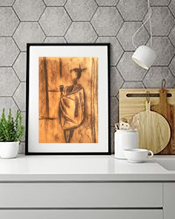 Coffee Time Painting Woman Original Art Lady Charcoal Drawing Wall Art 12 by 17 inches by Halyna Kirichenko