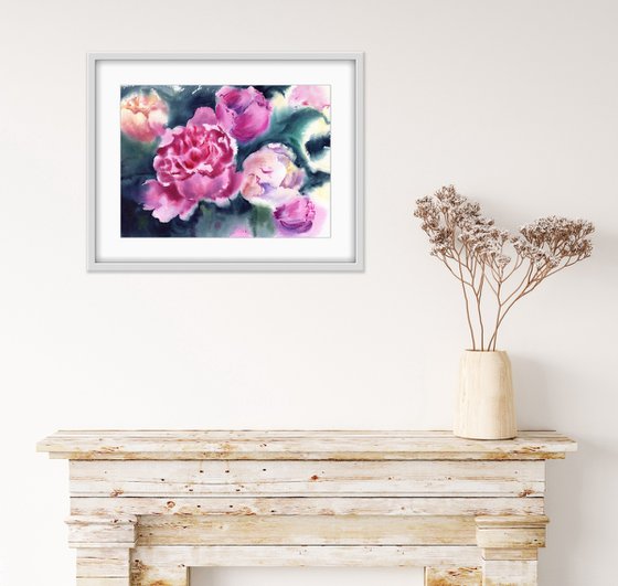 Blooming pink peonies. Original artwork.