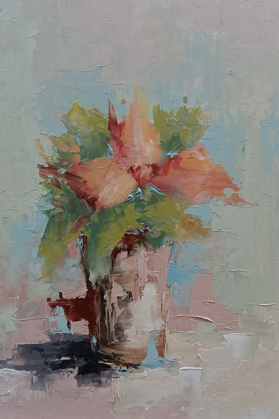 Modern still life painting. Abstract still life with flowers in vase