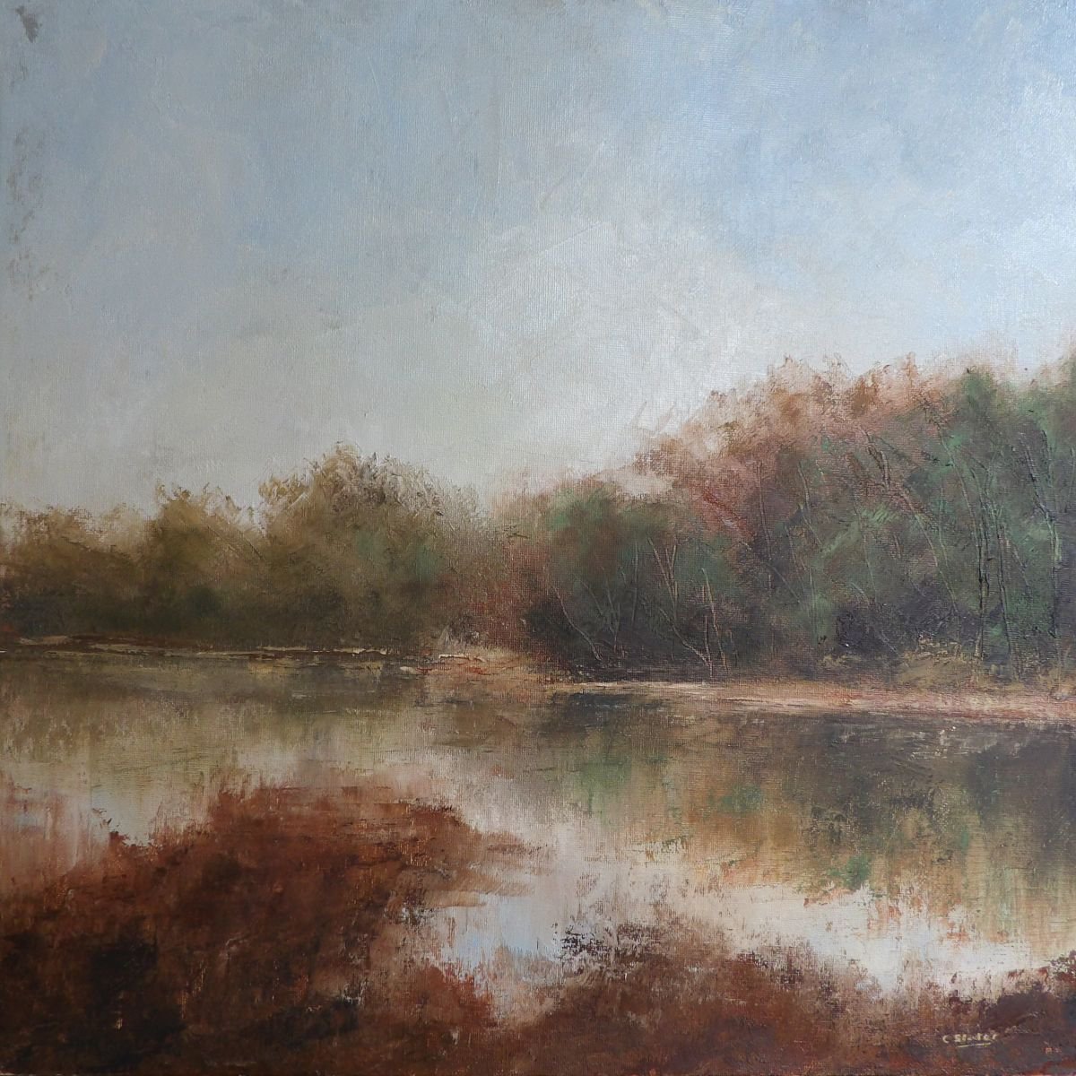 Impressionistic Landscape Oil Painting By Colin Slater, 20 X 20, The River Bank, Original Artwork