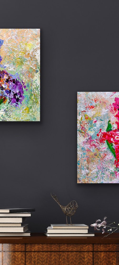 Symphony of Iris flower - Blue and Red Iris - Diptych by Pooja Verma