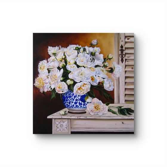 White Peonies in Blue Vase