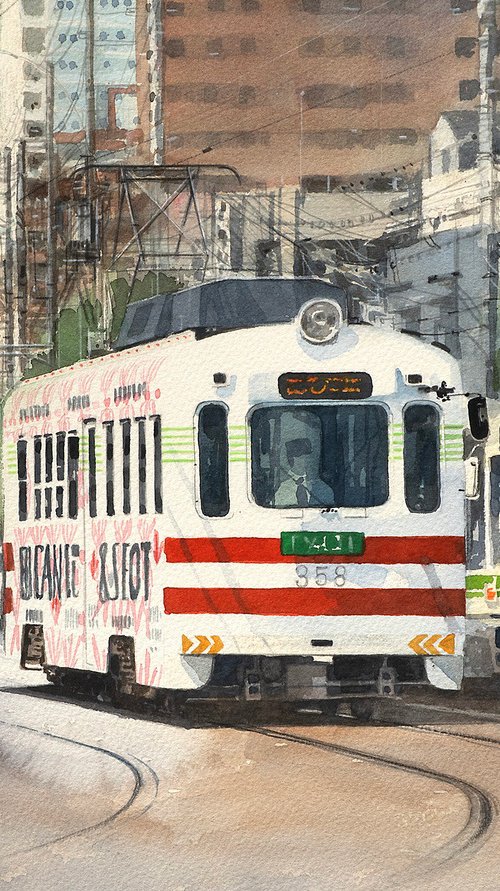 Trams and buses on urban tracks by Masato Watanabe