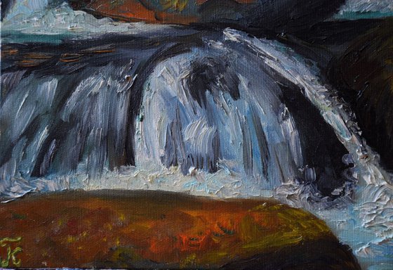 Oil painting Waterfall in High Tatras, Slovakia