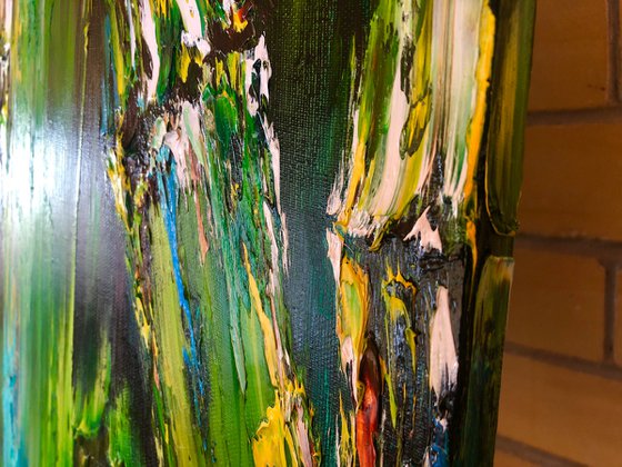 GREEN PORTAL - Set. Modern diptych with a green leaves. Painting with a wood landscape on canvas. Green bamboo oil painting.