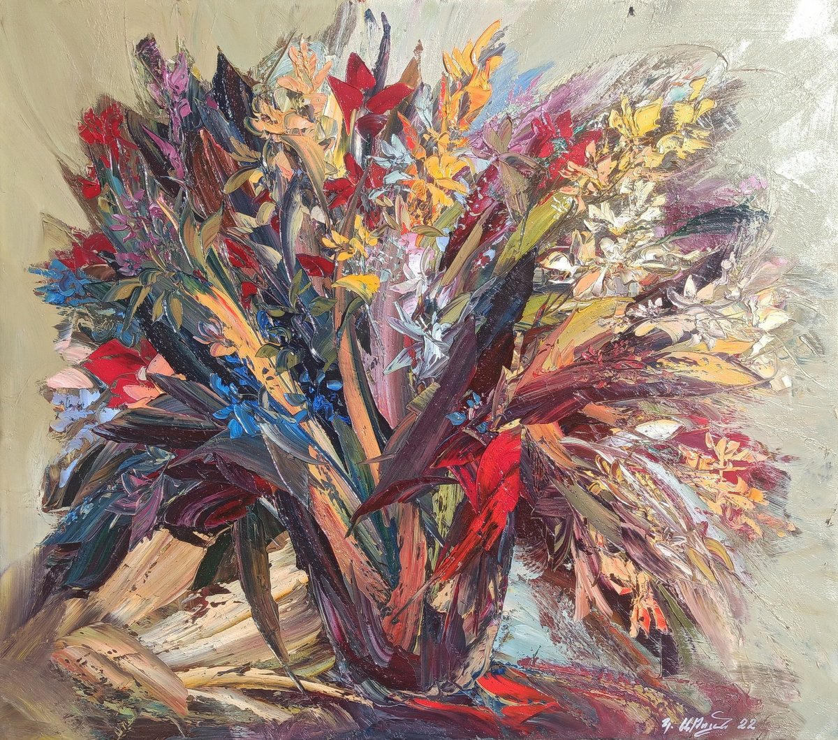 Abstract flowers (80x70cm, oil painting, palette knife) by Kamo Atoyan