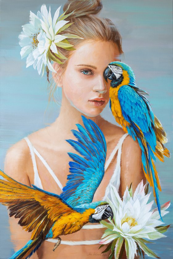 Girl with blue parrots