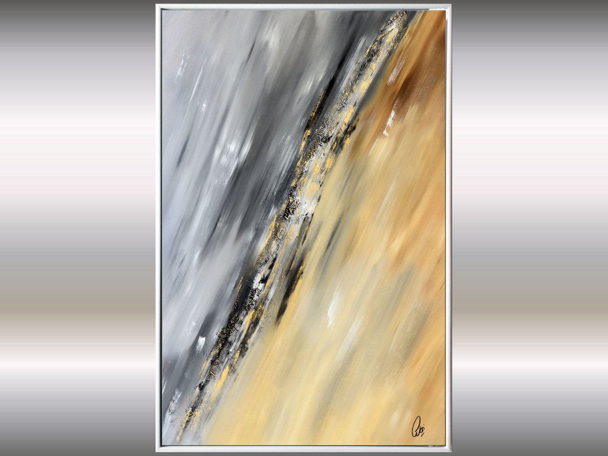 Reflections II - Abstract - Framed Black White Golden Painting - Acrylic Painting - Canvas... by Edelgard Schroer