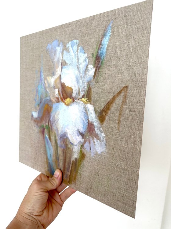 White  iris on raw canvas