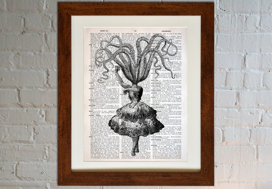 Octopus Flamenco Dancer - Collage Art Print on Large Real English Dictionary Vintage Book Page