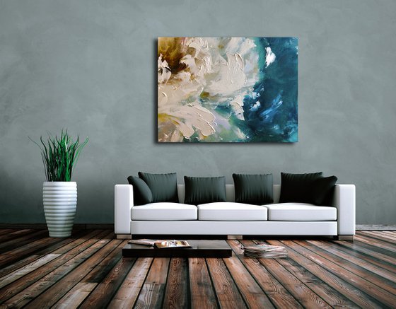 HEAVENLY WAVES - Abstraction. White peony. Macro flowers. Great art. Blue shades. 3d flower. Macro peony. Wall art with flowers.