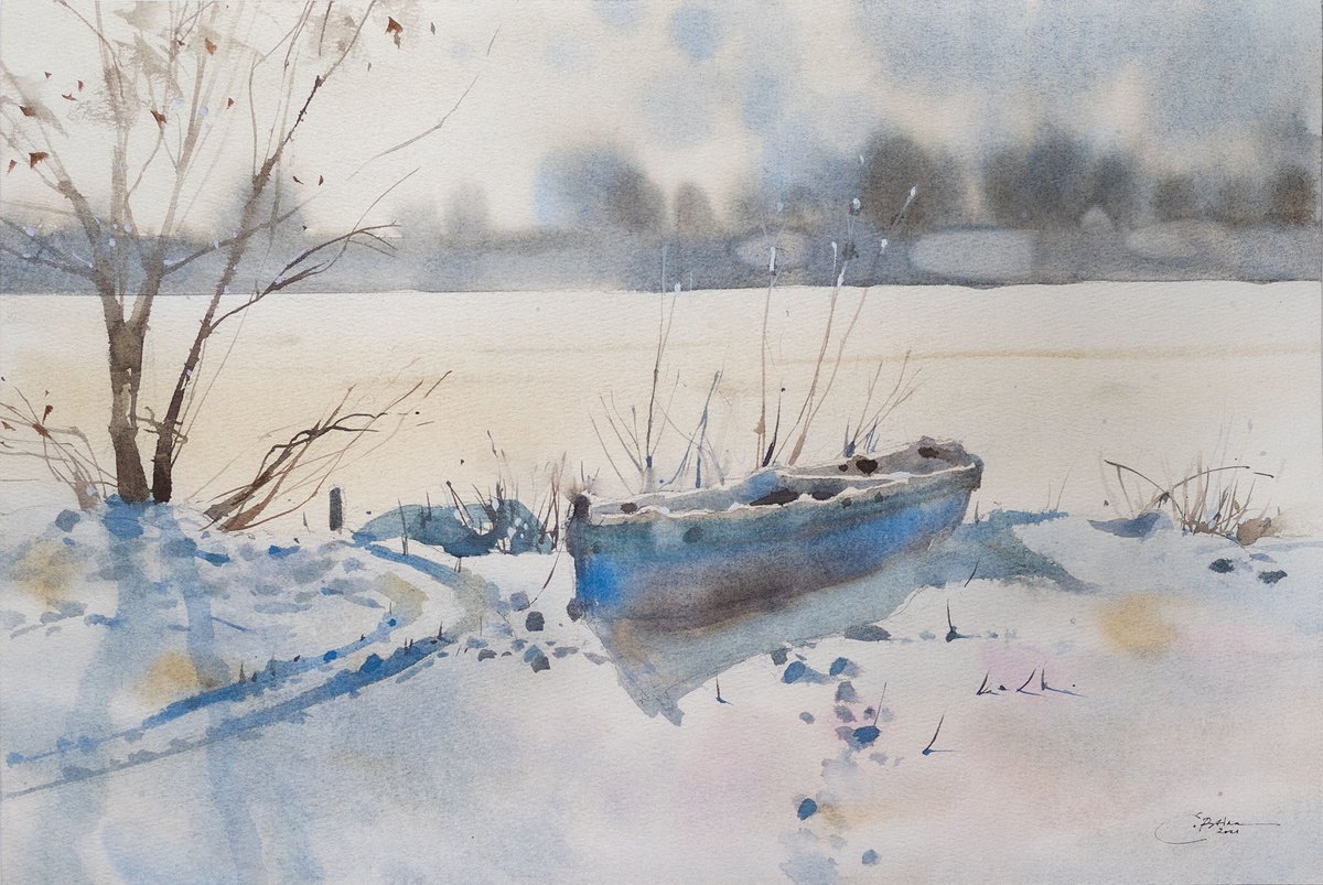 Winter landscape with a lake and a boat by Ekaterina Pytina