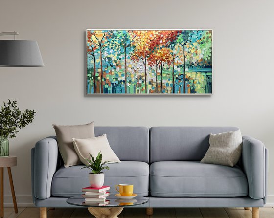 Emerald Moments - Abstract Colorful Trees Painting, Blossom Landscape Canvas Wall Art Painting, Large Abstract Landscape