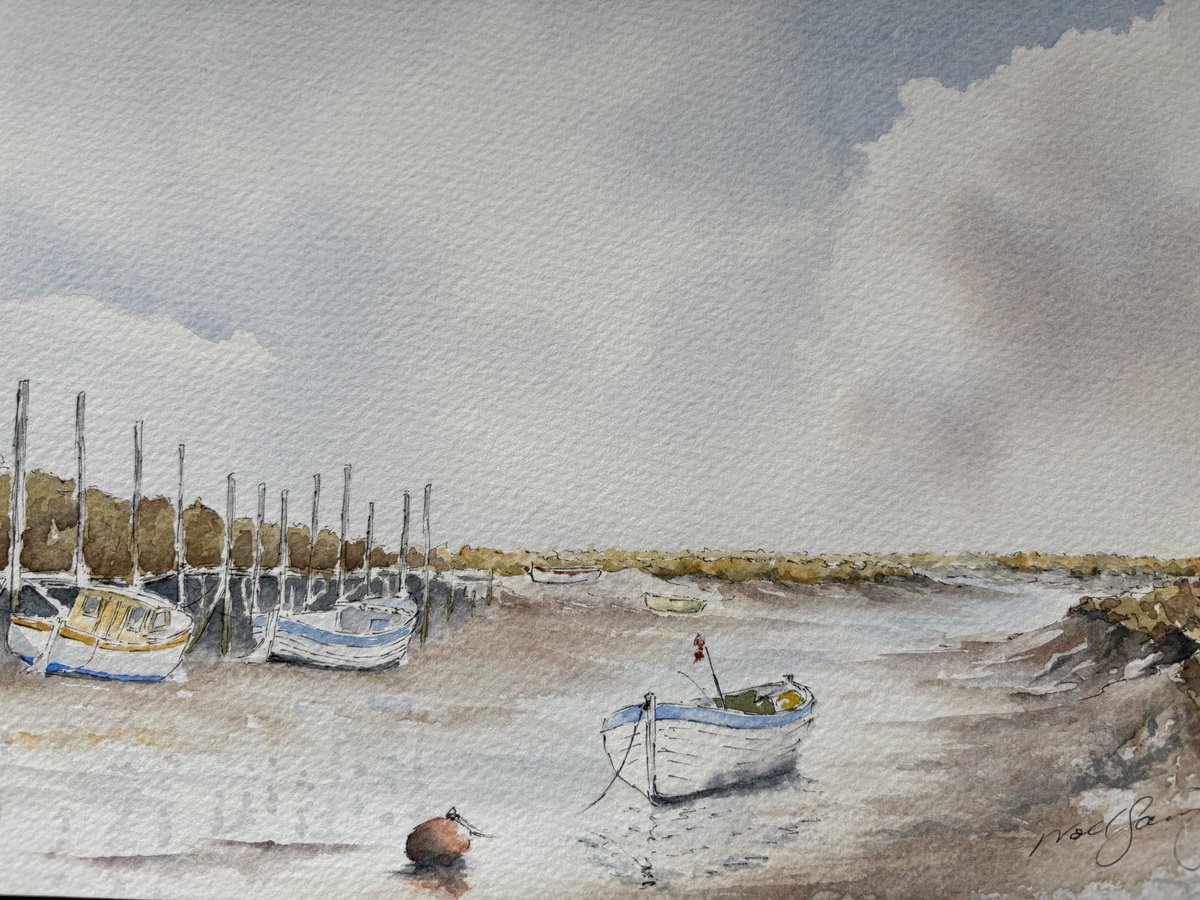Impressionistic Landscape Watercolour By Noel Sawyer, 10 X 7", Low Tide At Blakeney Cut, Original Artwork